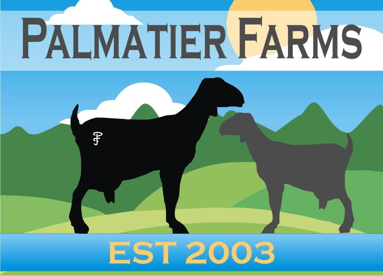 Logo of Palmatier Farms featuring two goat silhouettes against a colorful landscape with mountains and clouds, established in 2003.